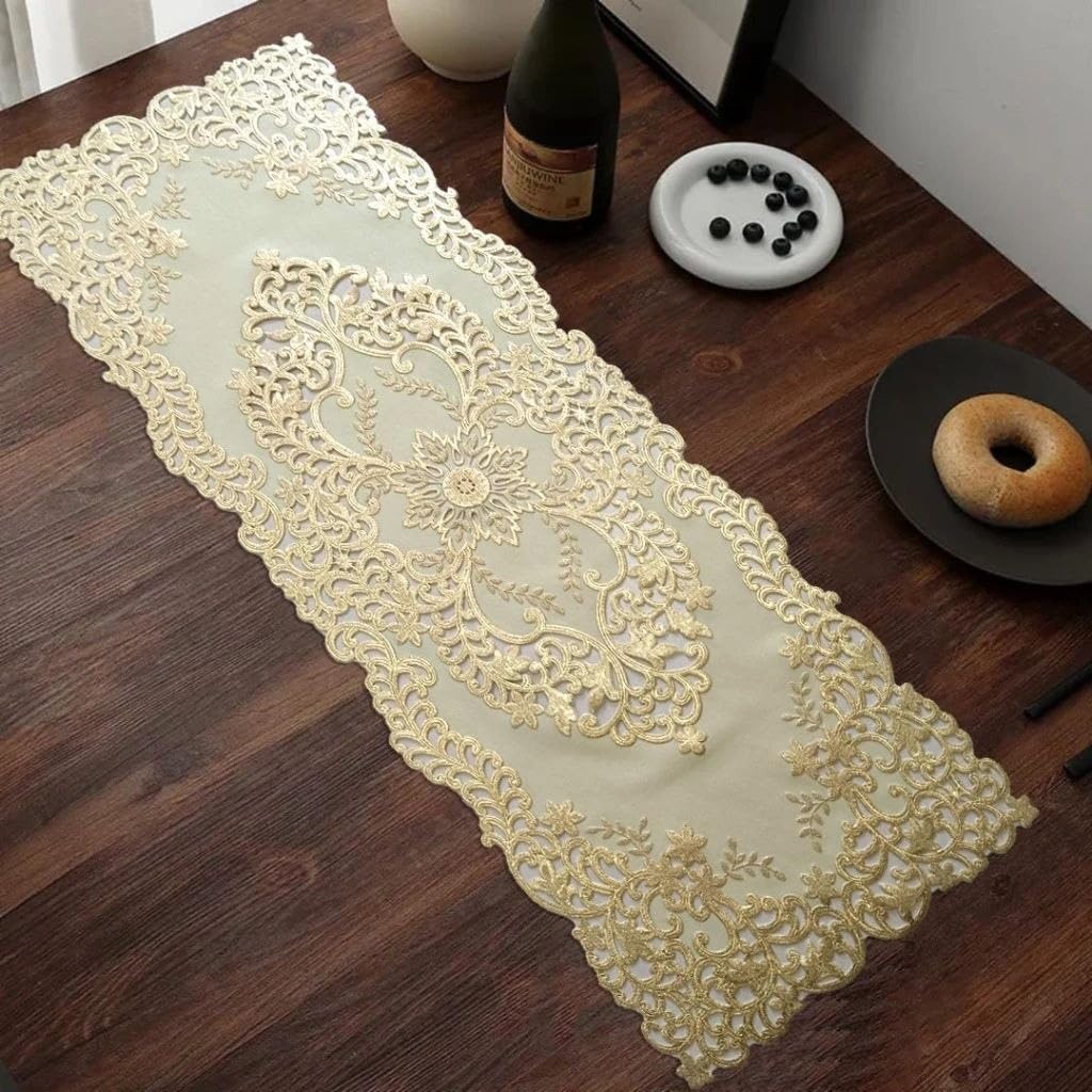 Gold Table Runner, Floral Lace Design, for Dining Table, Sofa or Sideboard, 92 x 33 cm, .db