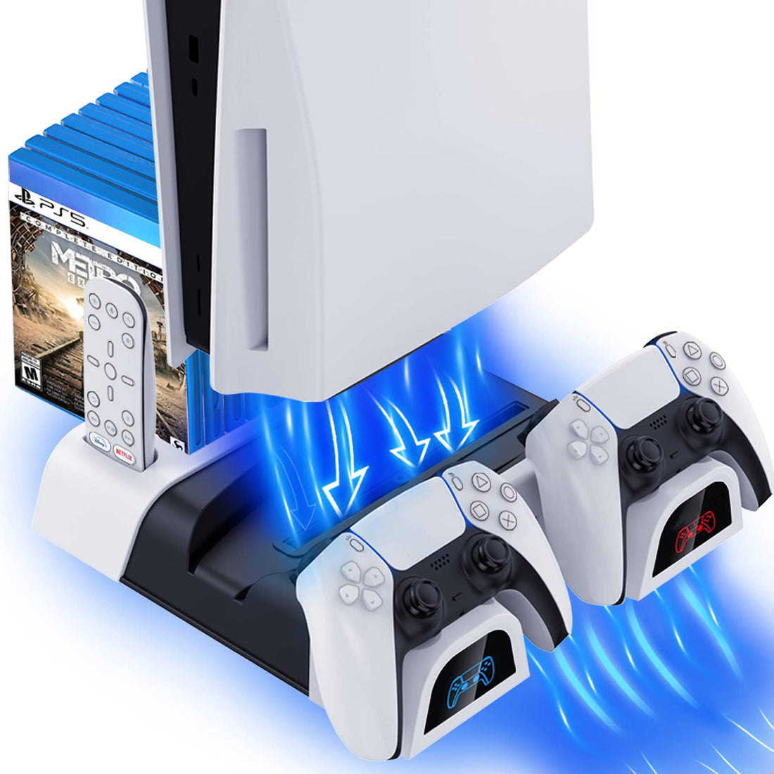 PS5 Stand with Cooling Fan and Controller Charger, Dual Charging Dock for Playstation5 Controller with LED Indicators and 14 Games Slots, Vertical Stand With Cooling Fan for PS5