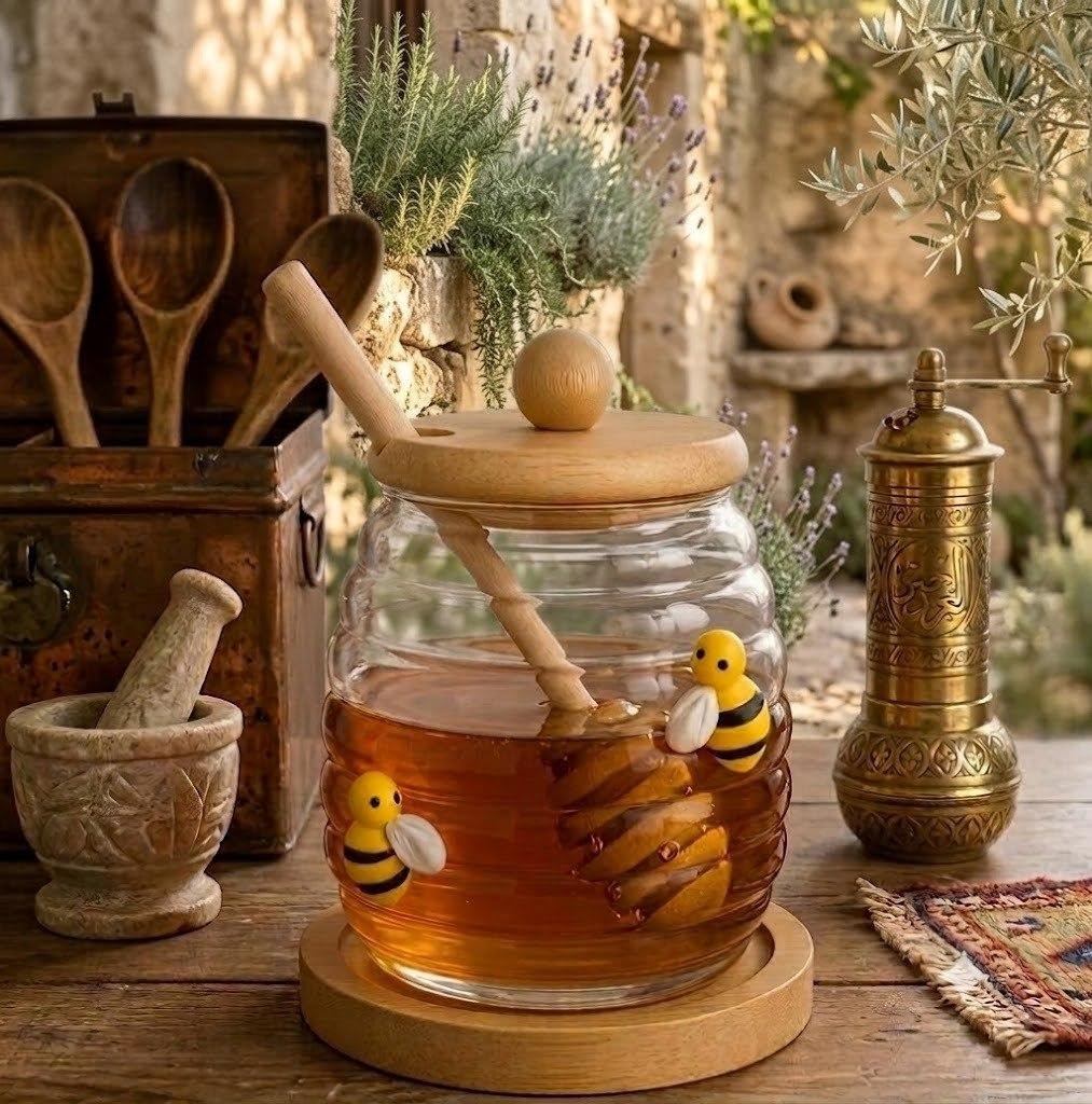 Decorative Jar - A large glass honey pot with an elegant wooden lid for a gift and display in the kitchen or dining room. A luxurious decorative piece. A perfect gift for every natural honey lover.