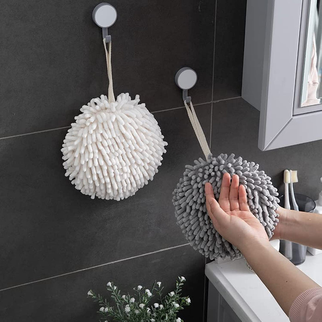 NC Kitchen Bathroom Hand Towel Multifutional Absorbent Chenille Ball Quickly Dry Hand Wiping Ball Hanging Towels 2 Packs (white+grey)
