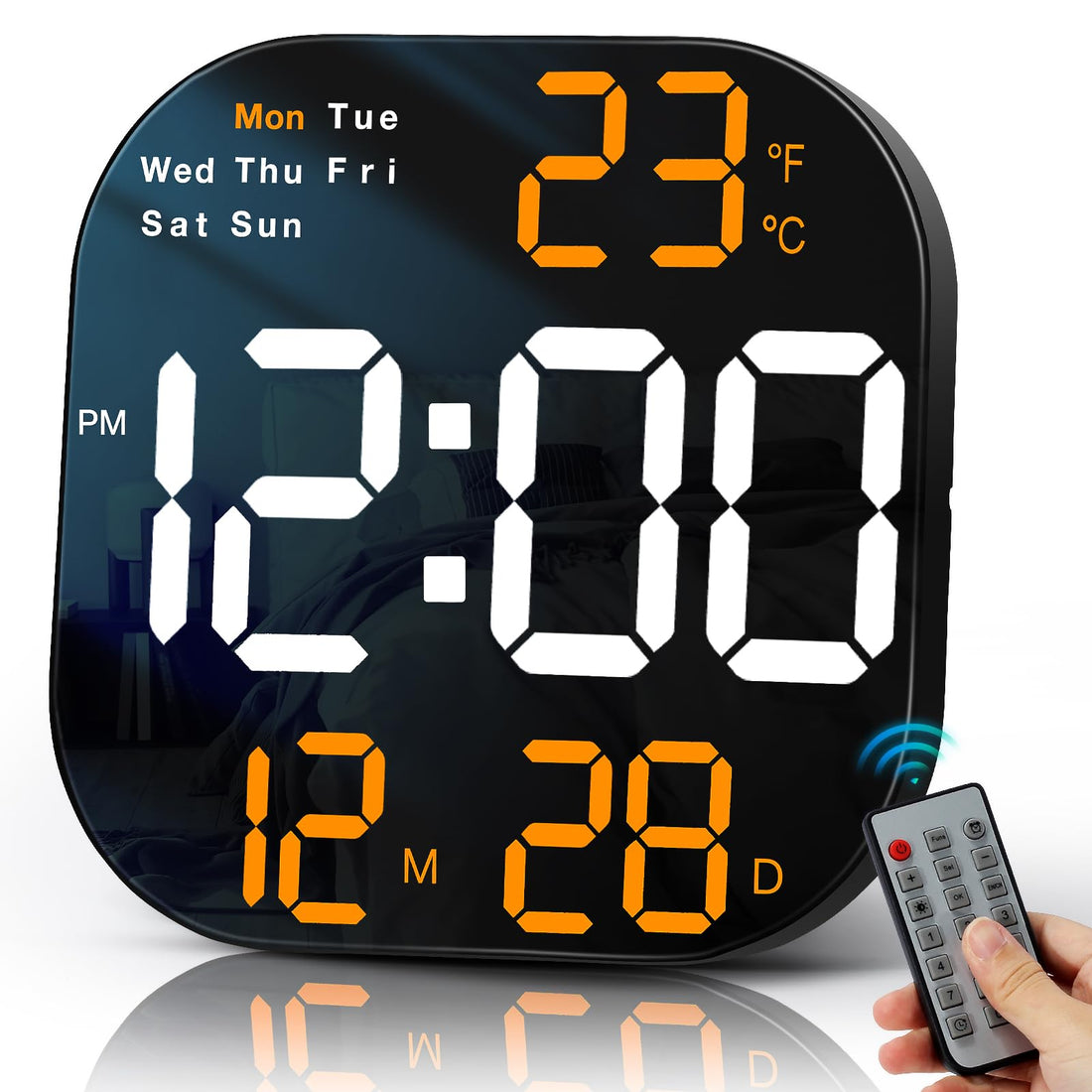 Spardar Digital Wall Clock Large Display - 10 Inch LED With Remote Control, Temperature, Humidity, Date, Week, Timer, 12/24H, 10 Level Brightness for Home Decor