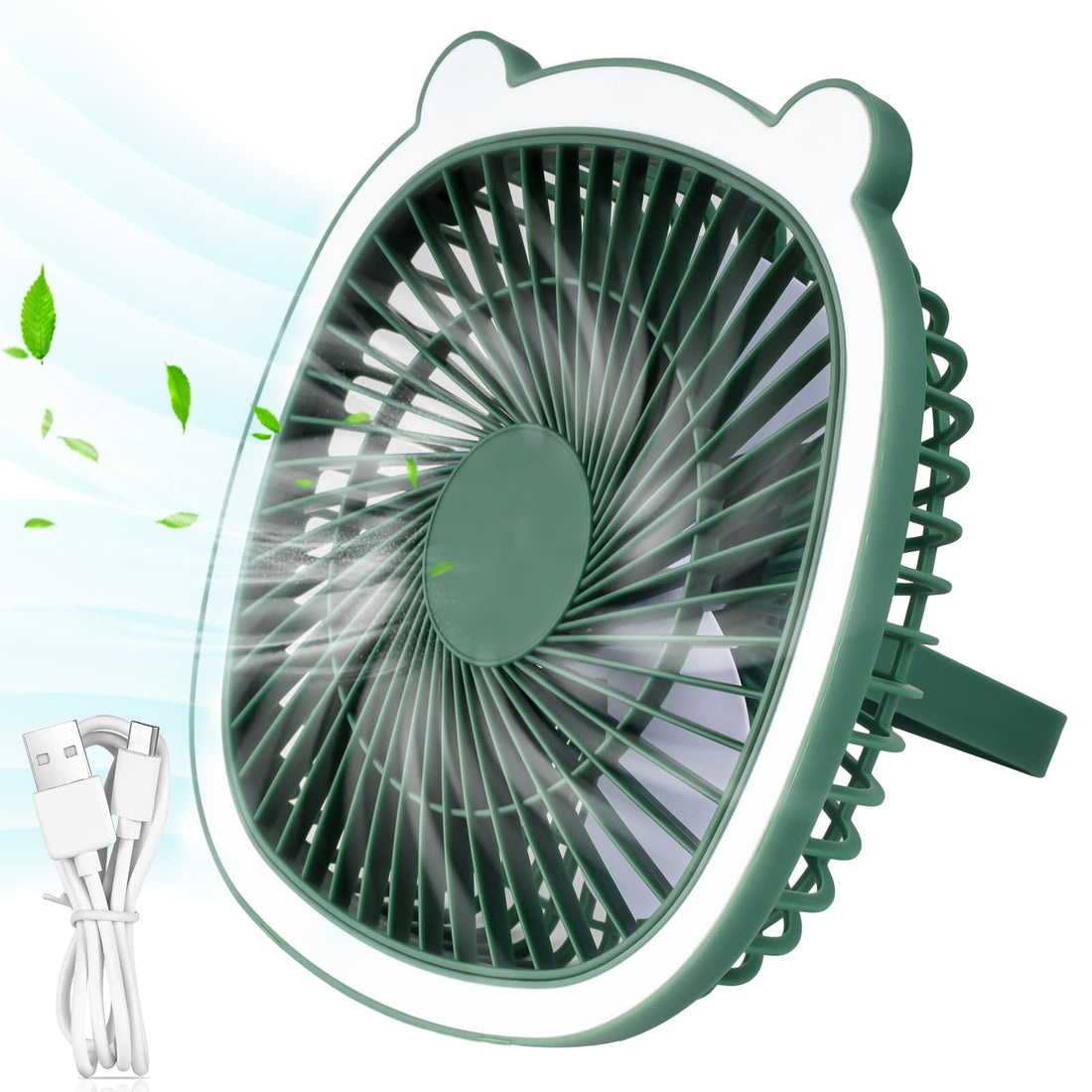USB Desk Fan, Mini Fan with 3 Speeds, Portable Handheld Fan, Battery Operated, Quiet Base Fan with LED Light Fan for Home, Office, Library, Camping