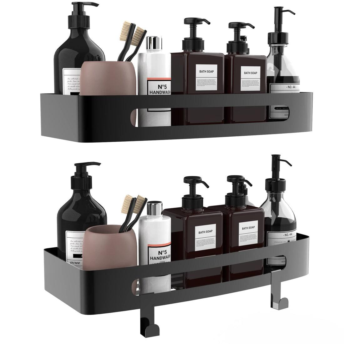 LEILA Shower Caddy Basket Shelf with Hooks, 2 Packs Caddy Organizer Wall Mounted Rustproof Basket with Adhesive, No Drilling, 304 Stainless Steel, Storage Rack for Bathroom Shower Kitchen (Black)