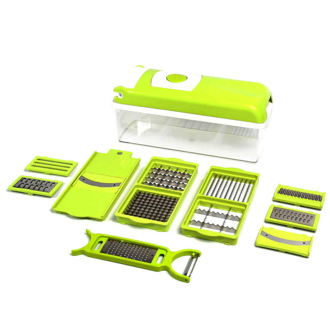 Oblivion Multi-Purpose Plastic 13-in-1 Manual Vegetable and Fruits Grater, Chipser Chopper, Slicer, Cutter and Dicer with Stainless Steel Blades and 1 Pillar