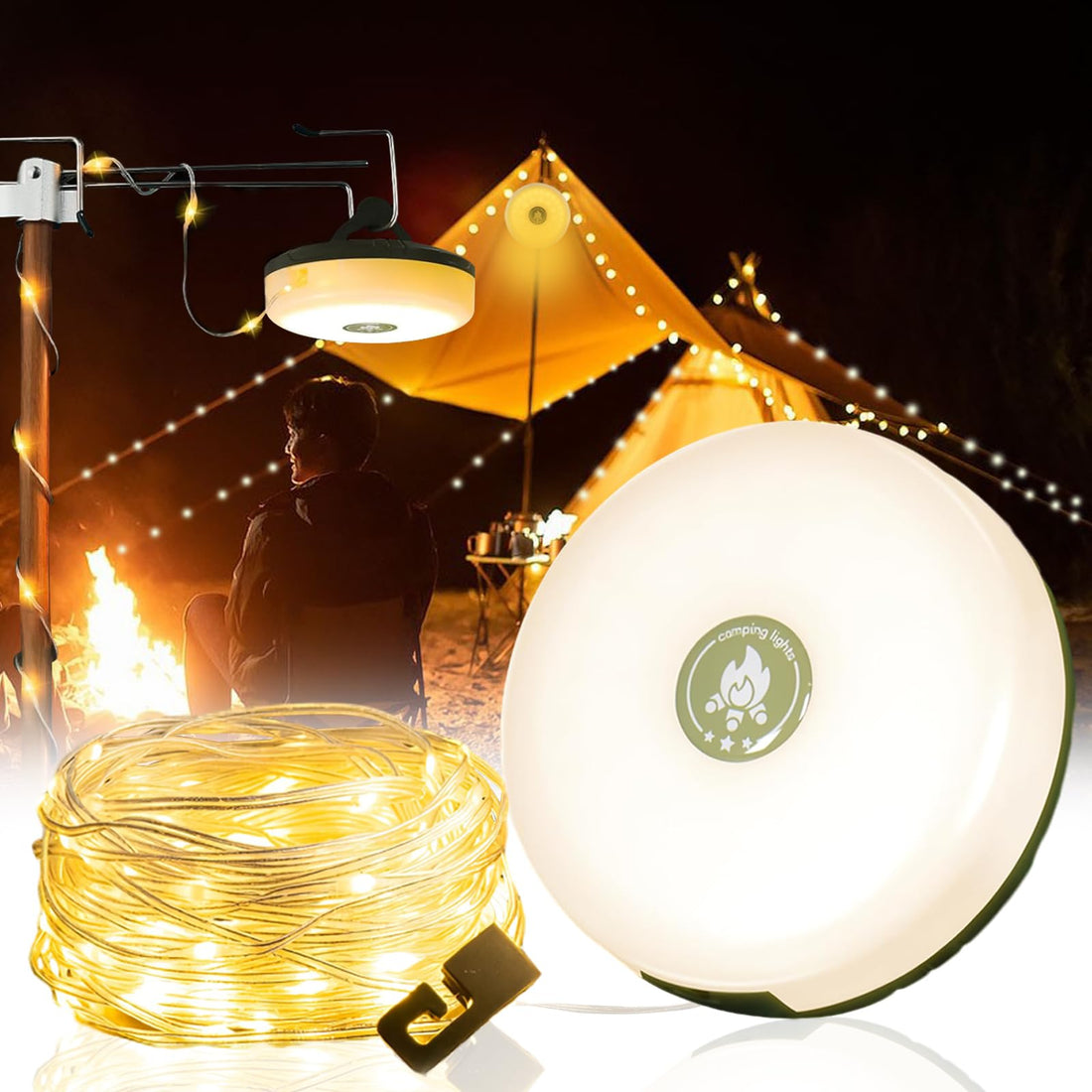 10m Waterproof Portable LED Fairy Lights with 8 Lighting Modes, 2-in-1 LED Camping Lantern, USB Rechargeable Camping Lamp for Outdoor, Tent, Hiking, Yard
