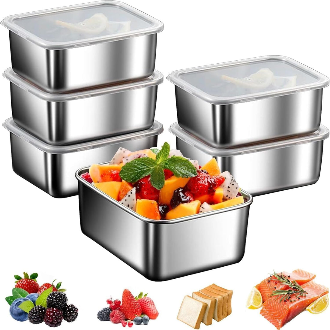 6 Pack Food Storage Containers 650ml, Azonee Stainless Steel Bento Box with Transparent Lid, Airtight & Stackable Lunch Organizer for Meal Prep, Fruits, Snacks, Office & Travel Use