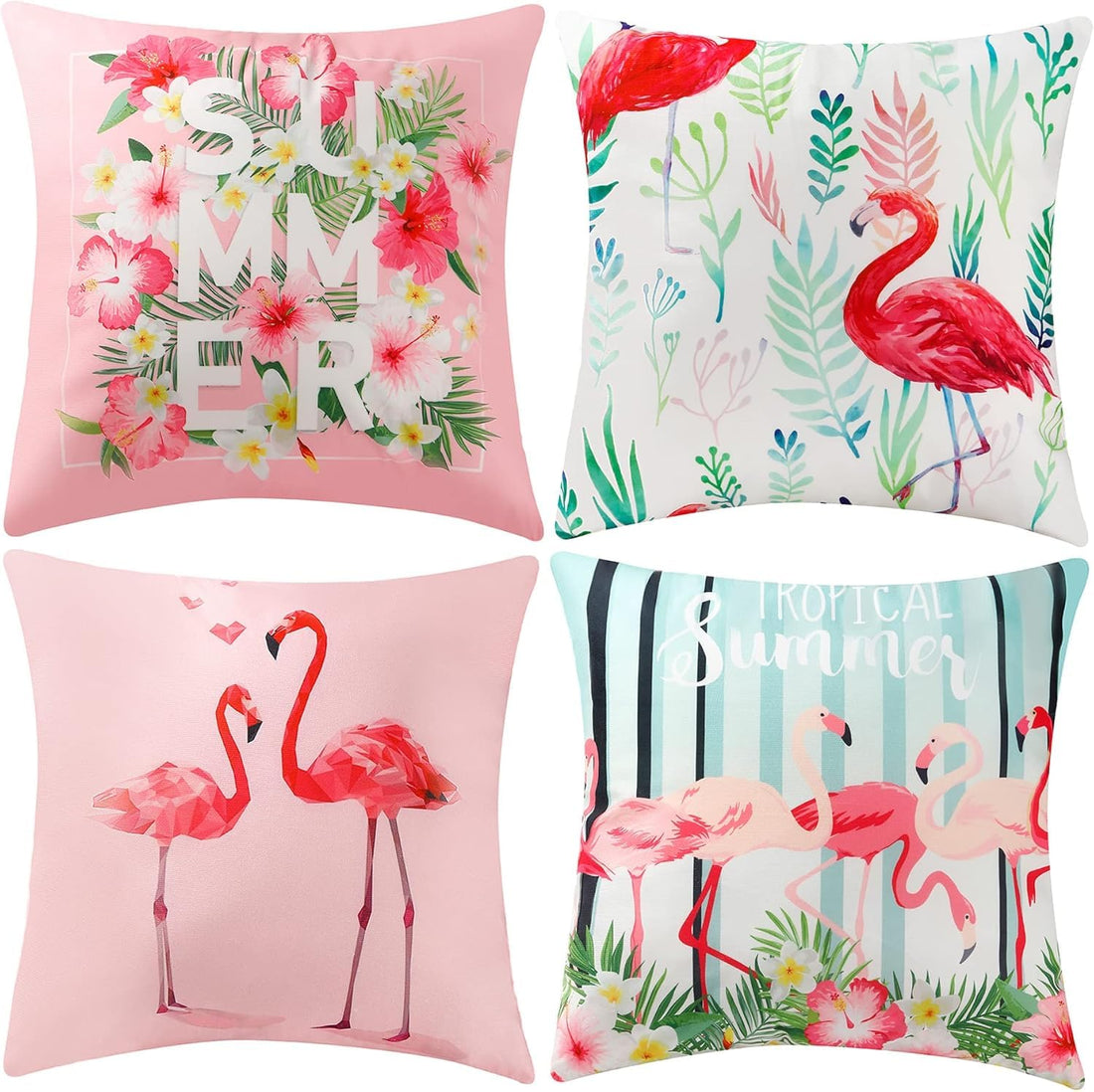 4 Flamingo Throw Pillow Covers 18 X 18 Inch Decorative Pink Bird Pillowcases Tropical Leaves Cushion Covers for Sofa Couch Summer Holiday Home Decor (Sets A)