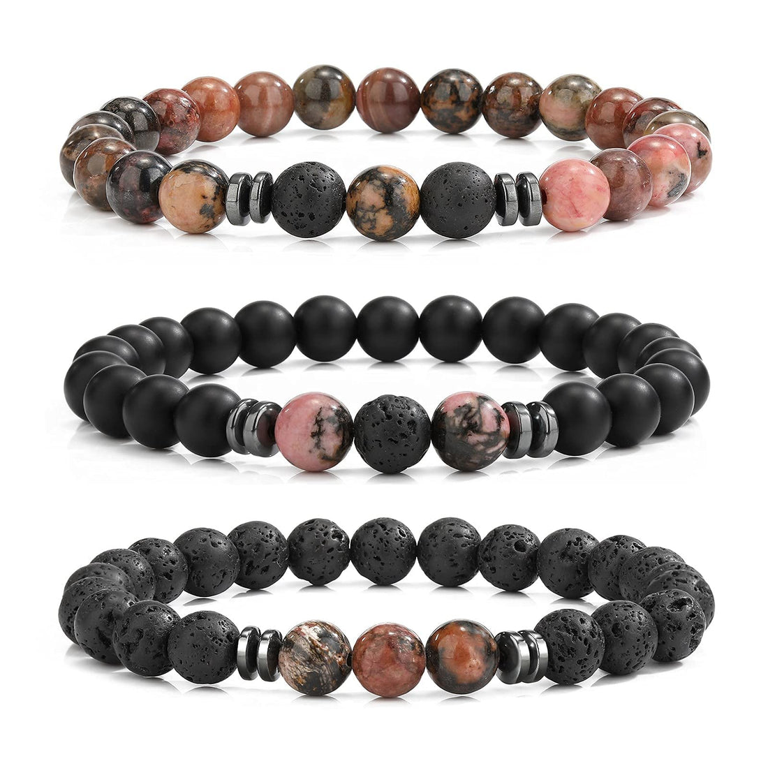 Hot And Bold Unisex Adult Natural & Original Reiki Feng Shui Triple Protection Gem Stone Crystal Beads Combo Multi Layered Bracelets, One Size, Gemstone, Rhodonite