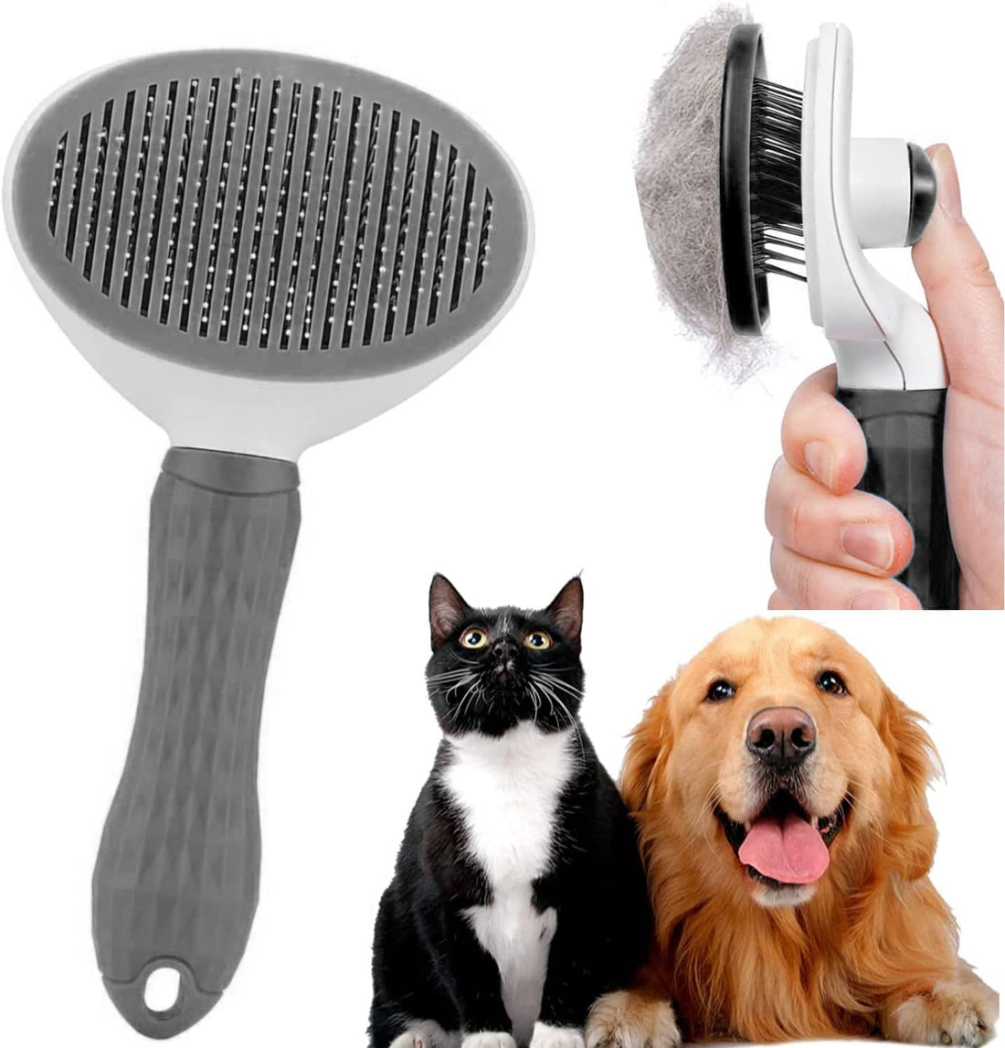 Plan A Pet Grooming Brush, Dog Cat Grooming Brush for Loose Hair, Self Cleaning, Removes Loose Fur Stuck to Animal, Gently Detangles and Massages Pet (Gray)