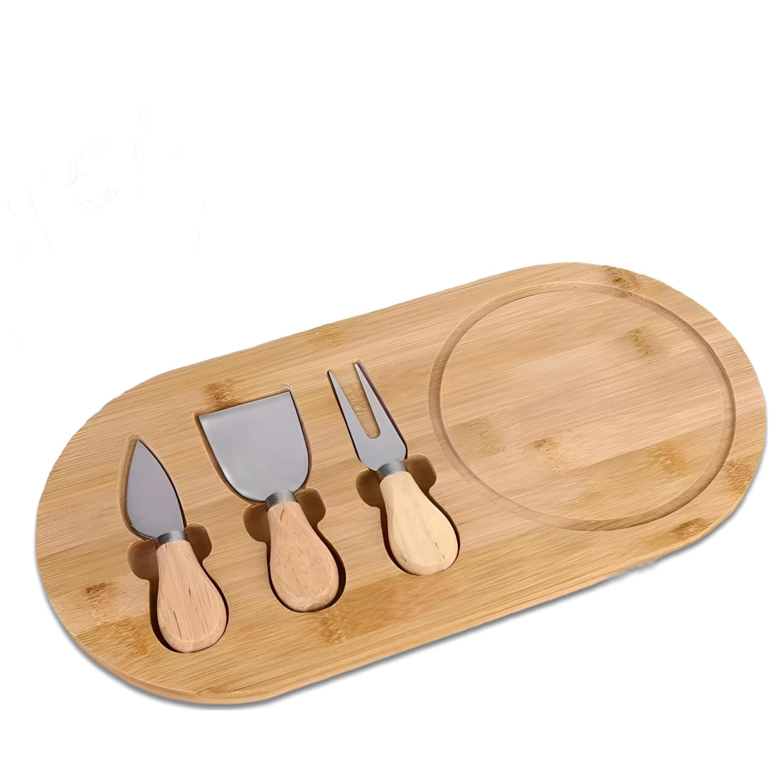 Cutting-board made of beautiful bamboo with three small knives, perfect for creating cheese and wonderful meat dishes