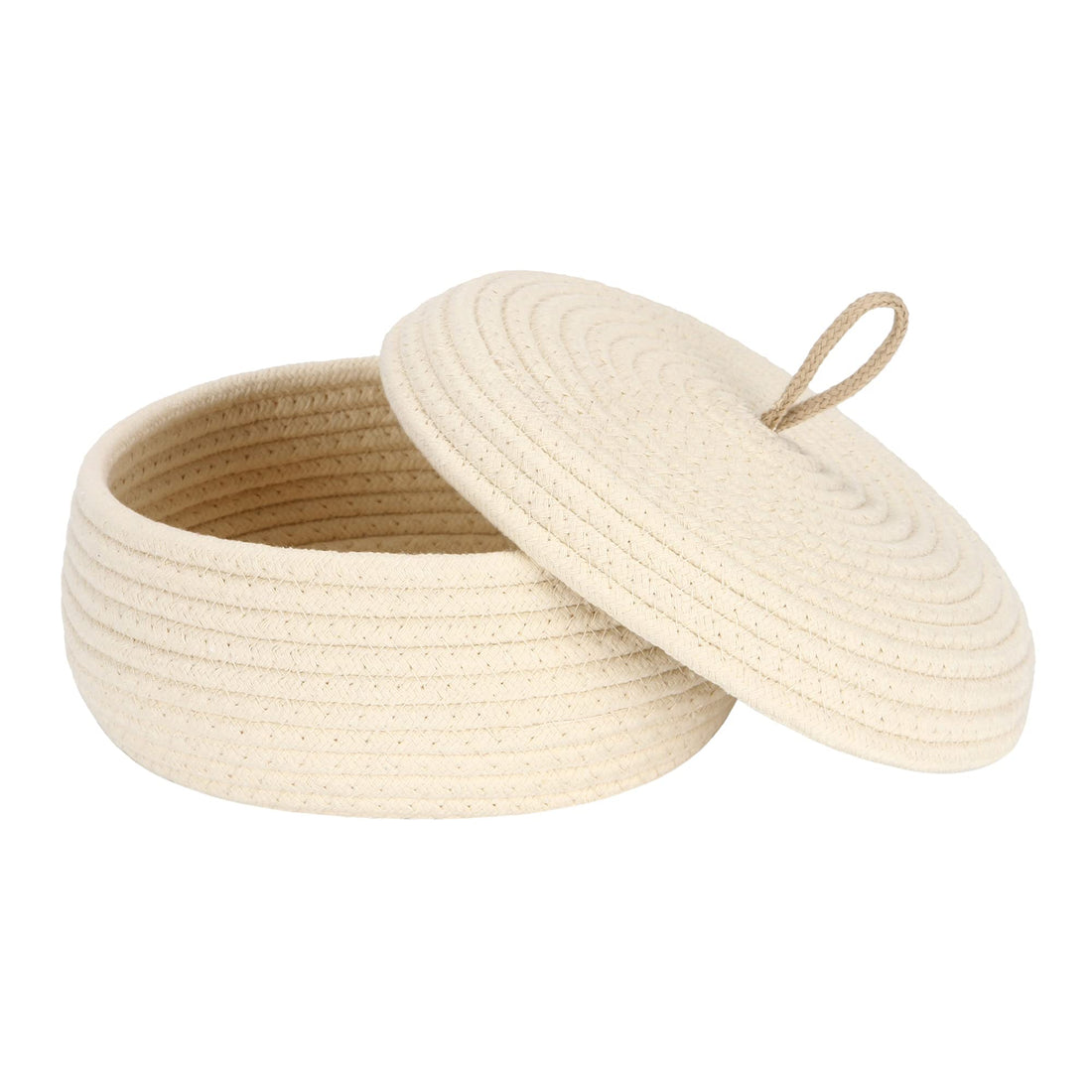 Sea Team Round Cotton Rope Storage Basket with Lid, Decorative Woven Storage Bin, Pot, Caddy, Organizer, Container for Snacks, Towels, Plants, 10 x 4.5 Inches (Small, Shallow, Cream)