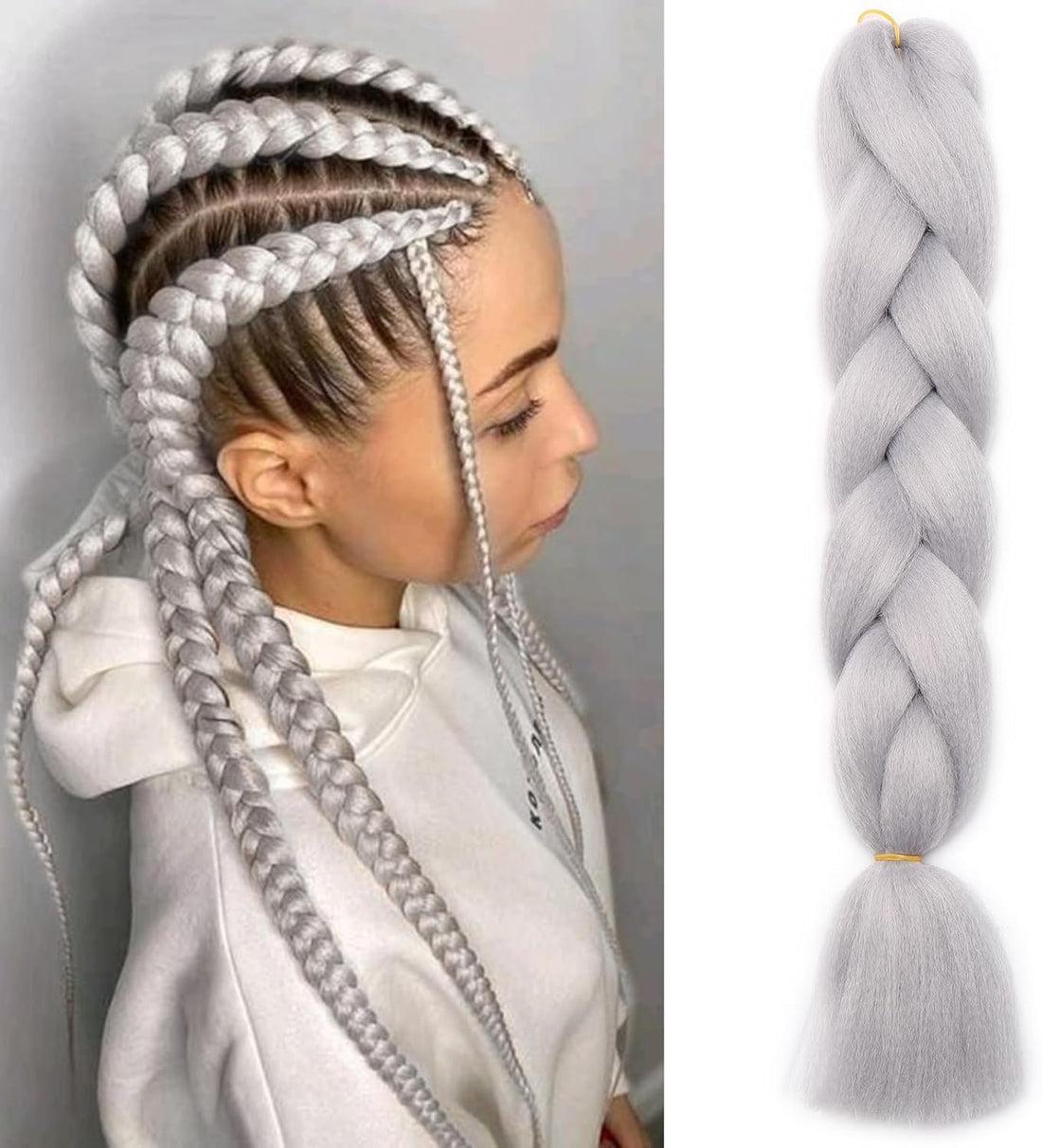 Jumbo Braiding Hair Extensions, Colourful Synthetic Hair, Heat Resistant Hair, for DIY, Crochet Box Braids, Ombre-SILVER GREY 100 g/pc, 60 cm -NO-A39