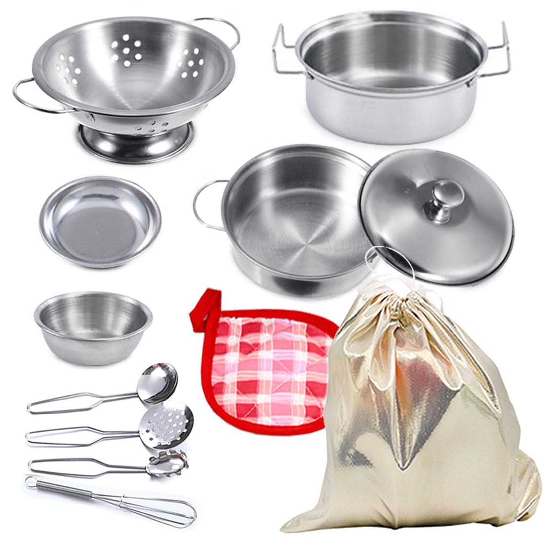 Tiny Size Cooking Pretend Play Kitchen Cooking Toys with Stainless Steel Cookware Play Pots and Pans Set,Cooking Utensils Cookware Kitchen Play Accessories Toys Cooking Pots for Toddlers Kid (Mini)