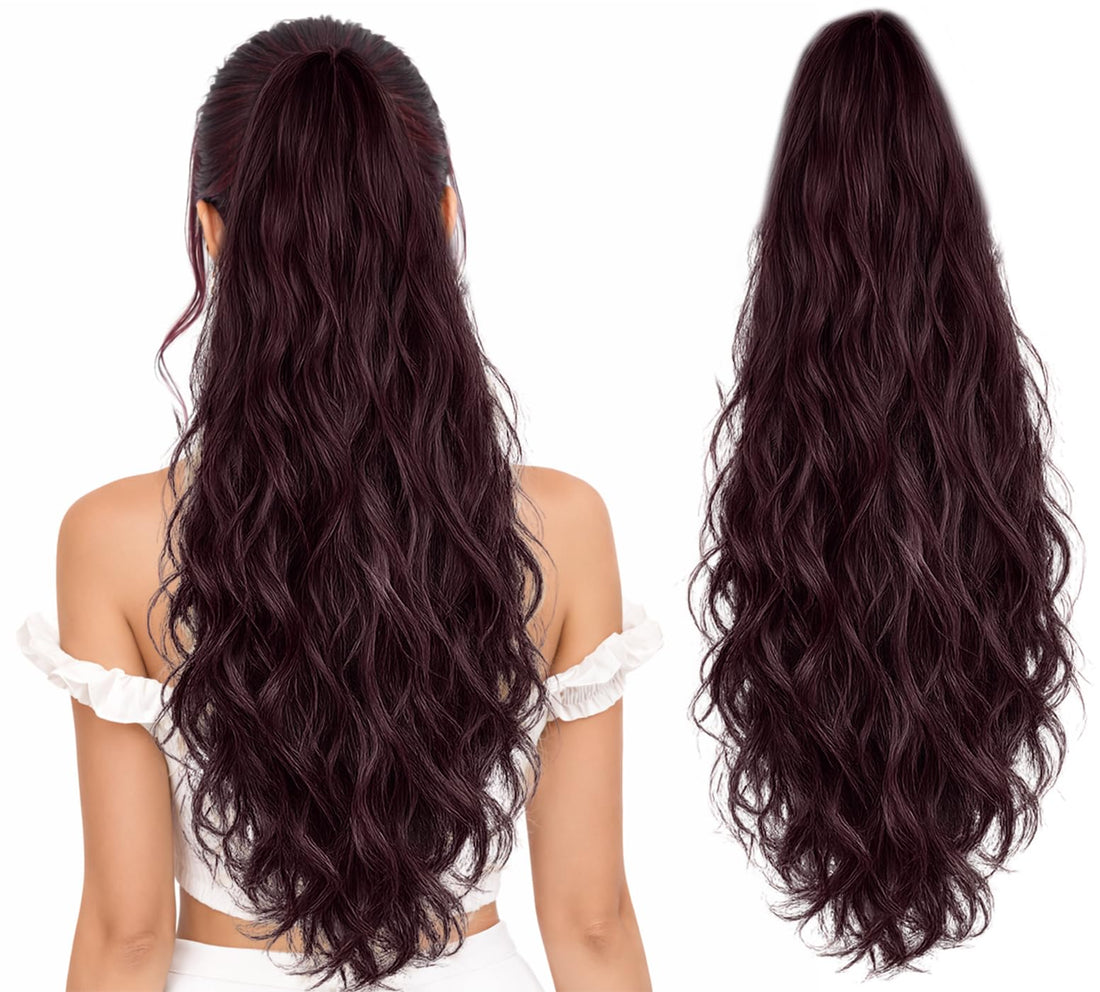Long Wavy Ponytail Hair Extension - 60 CM, Claw Clip Synthetic Hairpiece, Natural Look, Thick & Lightweight, Heat Resistant Fiber, Easy Instant Long Hairstyle For Women, Model - JW250 (#99J)