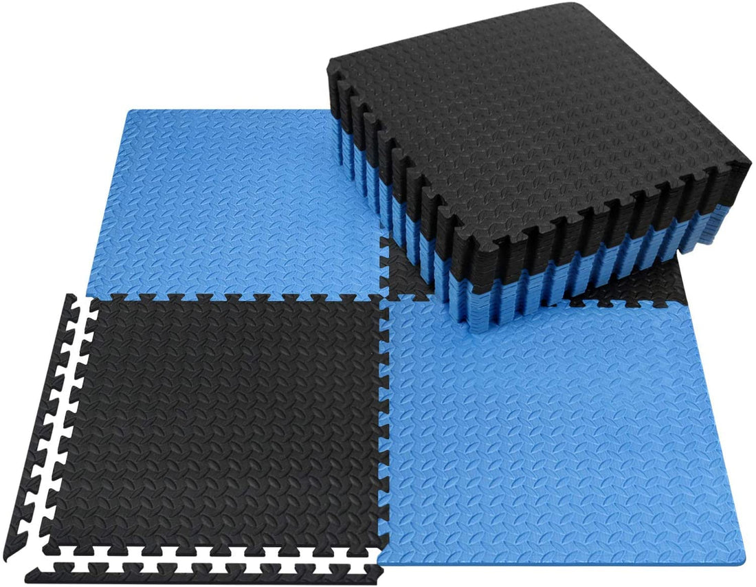 Fitness Puzzle Mat, Gym Floor Mat, Exercise Mat, EVA Foam Interlocking Tiles, Protective Flooring for Gym Equipment and Workouts, 12mm Extra Thick (12Pc || 48 SqFt, Blue - Black)