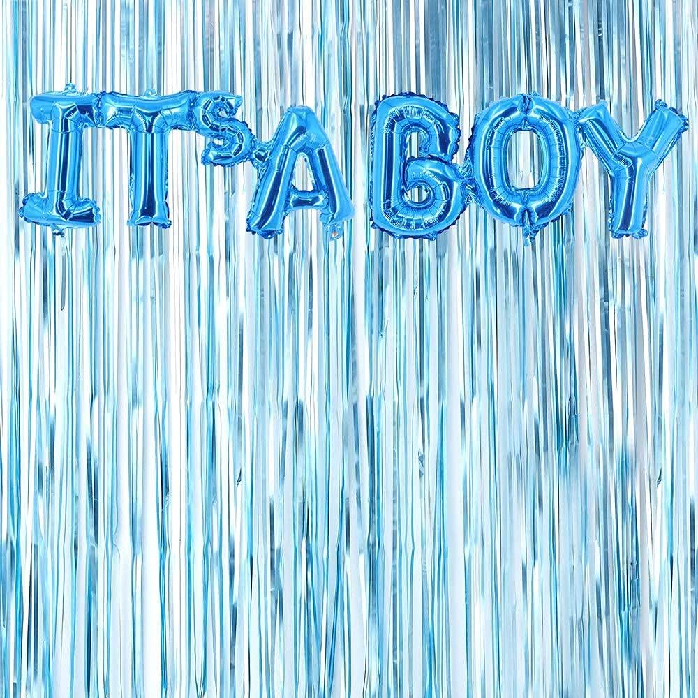 Blue Metallic Fringe Curtains , Itinch s A Boy Foil Balloon Kit, Baby Shower Decorations Blue Wall Decoration Pastel Blue Photo Prop Backdrop Boys Birthday Party (Blue, Pack of 2)