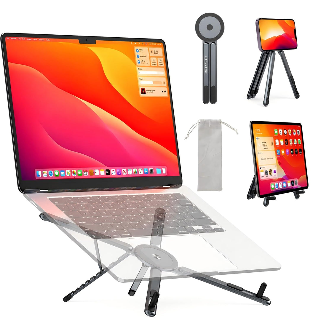 Adjustable Laptop Stand for Desk, Magnetic Phone Holder with Magsafe Compatibility, Portable Foldable Computer Riser for MacBook, iPhone, iPad, Tablet - Perfect for Office, Home, Traveling