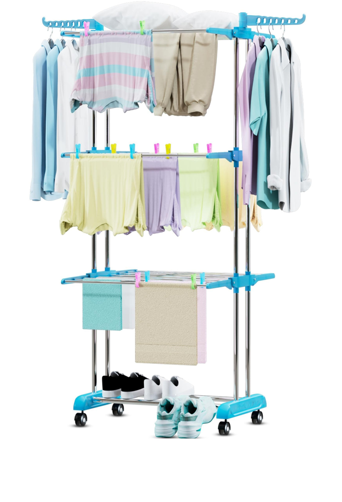 LIVINGBASICS Cloth Drying Stand Stainless Steel & ABS 3 Tier/Layer Foldable Clothes Dryer Rack/Folding Laundry Dry Stands with Wheel for Home/Indoor/Outdoor/Balcony (Cyan Blue + Rod Clips)