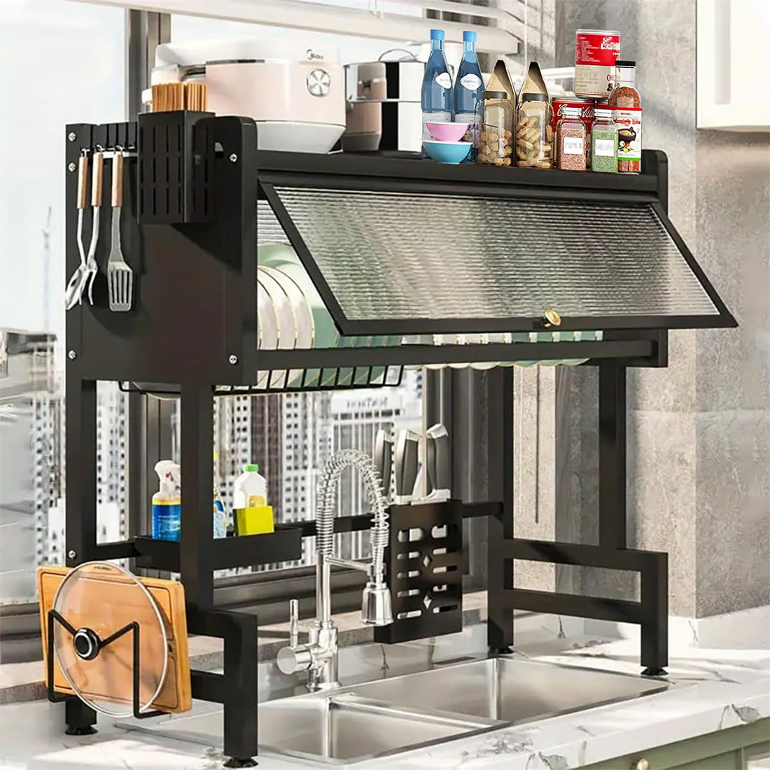 NANCHU Dish Drying Rack Stainless Steel Large Capacity 2 Tier Dish Drying Rack with Door Dish Drainer Rack Storage Rack Sport Frets Over Sink Dish Rack