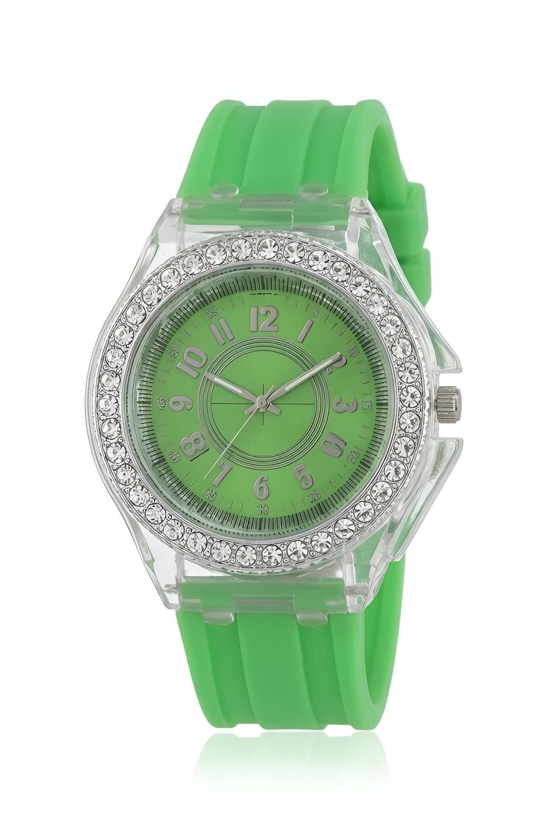 Casual Style Watch - Women’s quartz watch with multi-color silicone strap, crystal bezel, transparent case, blending elegance and comfort effortlessly