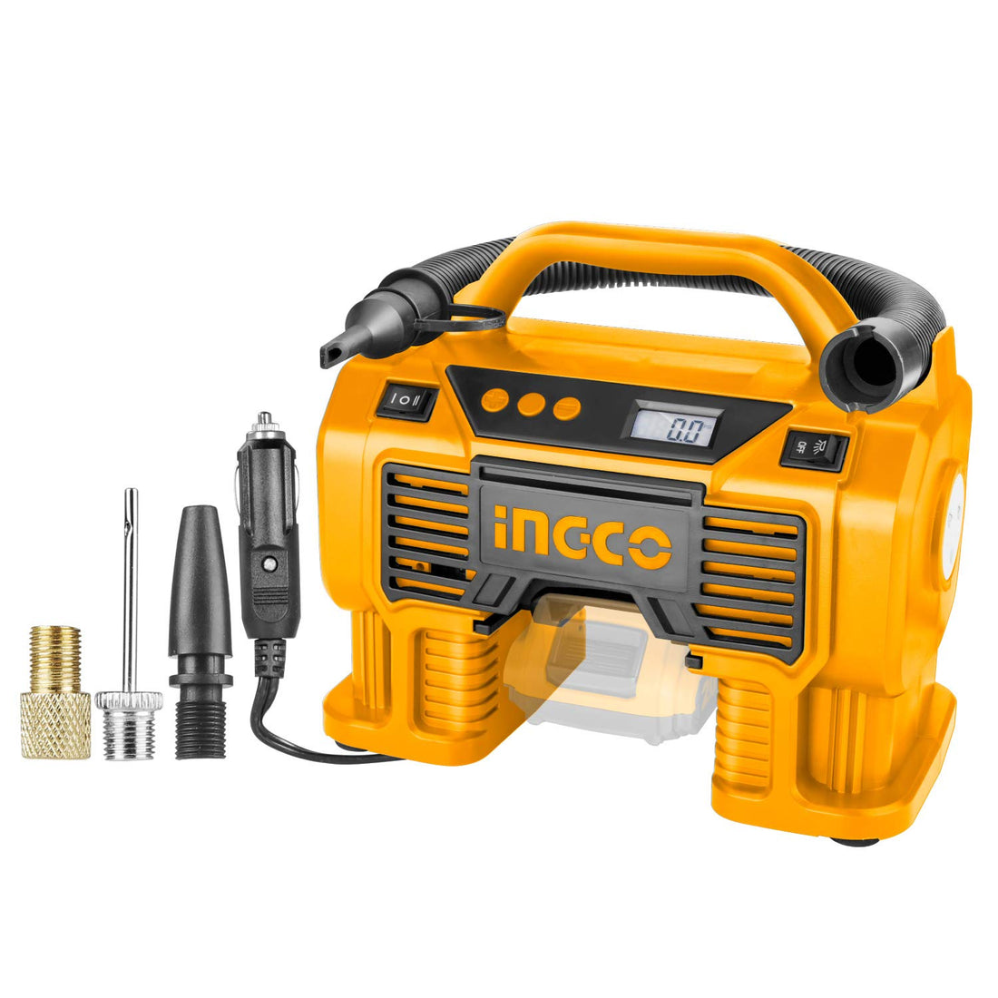 INGCO Auto Air Compressor, Portable Tyre Inflator Air Compressor, 160 PSI, 2 Power Supply by Vehicle or by Lithium-Ion Battery,Digital Display,LED Light,Safety Protection,Automatic Stop,CACLI2002
