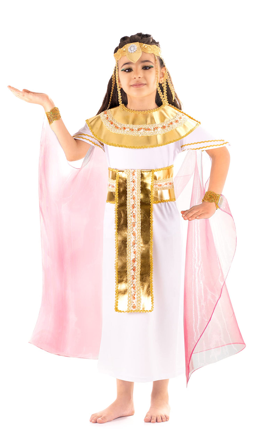 Royal Ancient Egyptian Princess Dress Costume Set for Girls – Elegant Cleopatra Costume White & Gold Outfit