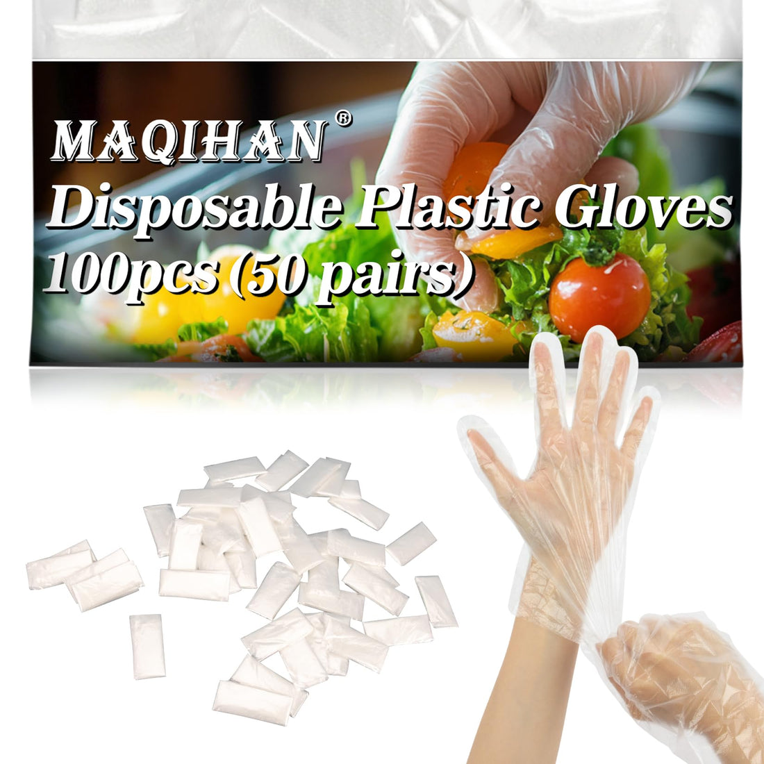 MAQIHAN 100Pcs(50Paris) Plastic Gloves Disposable - Plastic Food Safe Handling Food Prep Service Gloves Clear Food Handler Cooking Serving Gloves Kitchen Restaurant Hair Dye Gloves Individual Packaged