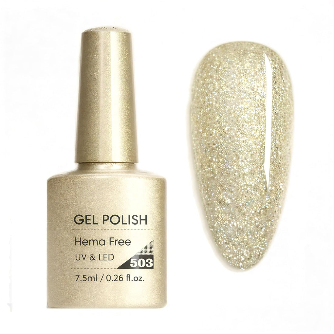 Glitter Gel Nail Polish Soak Off UV LED, Champagne Gold Glitter, High Shine Sparkling Gold Effect, Long Lasting Reflective Formula for Nail Art, Salon & Home Manicure, 7.5ml (503)
