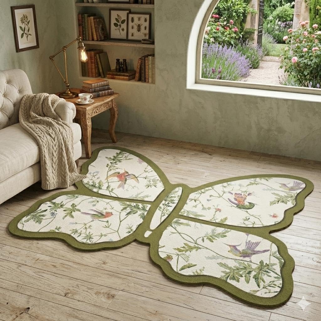 Modern ArtisticButterfly Design Floor Rug - Delicate butterfly pattern interwoven with blooming flowers and soaring birds, a stylish modern home accessory perfect for creating a cozy ambiance in livin