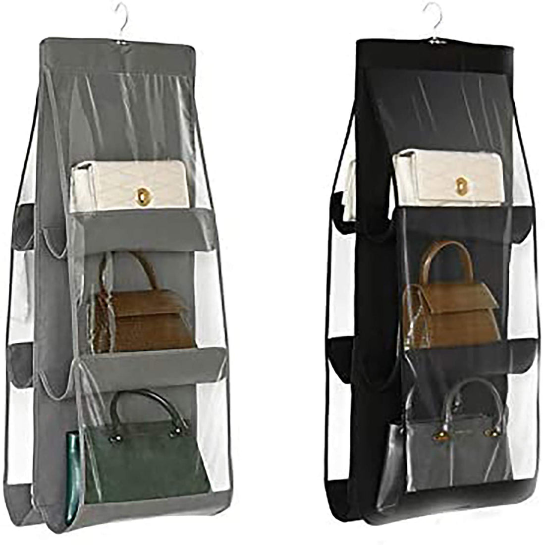 Hanging Handbag Purse Organizer, 2 Pcs 6 Pockets Dust Proof Storage Holder Bag Wardrobe Closet Space Saving Organizers System,Washable, Gray&black, Medium,
