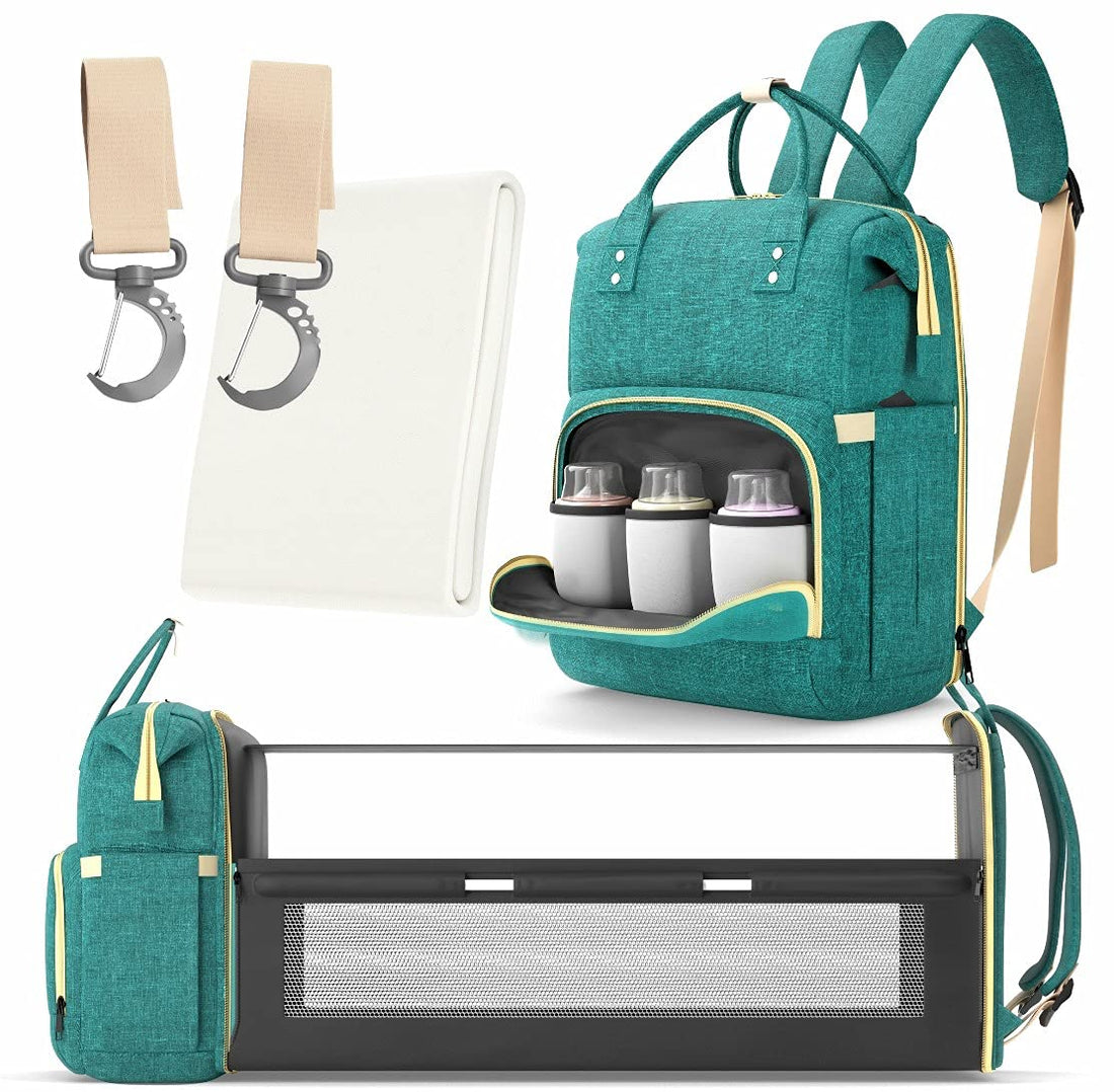 DotishOne Multifunctional 3 in 1 Diaper Bag with Changing Station | Diaper Bag Backpack with Bassinet | Travel Baby Bed, Green, Large