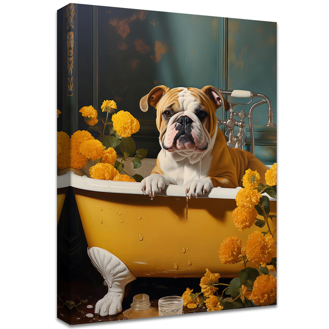 Bulldog in The Bathtub Wooden Framed Canvas Wall Art Mustard Yellow Flowers Animals Canvas Print Picture Painting Poster Home Office Kitchen Gallery Corridor Bathroom Wall Decor Ready To Hang 30x40cm