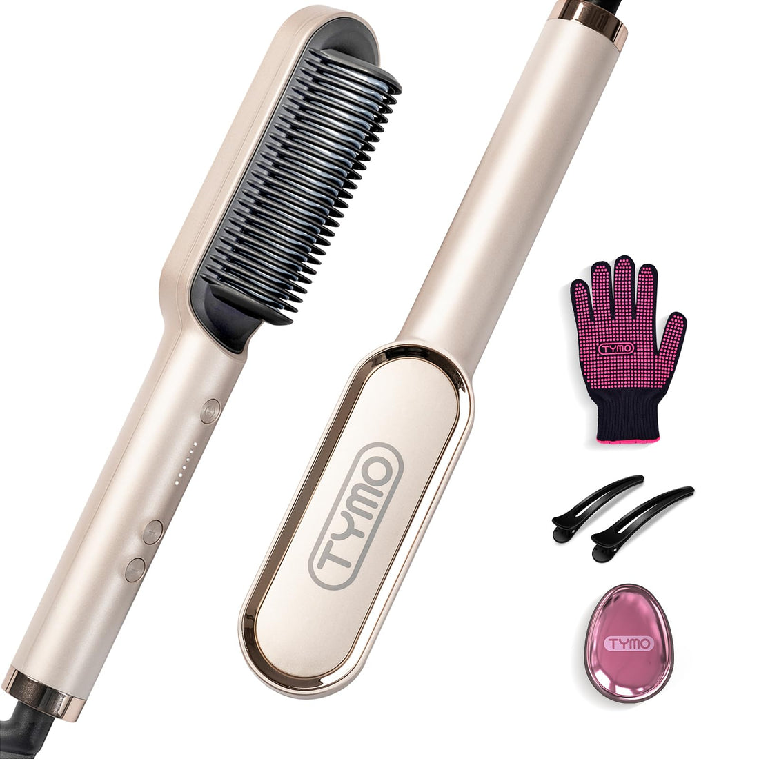 TYMO Hair Straightener Brush UK, Flat Iron and Hair Brush 2-in-1, Anti-Scald, Fast Heating, 5 Temp Settings (130℃-210℃), Professional Salon at Home, Wider Comb for Even Straightening, Gold