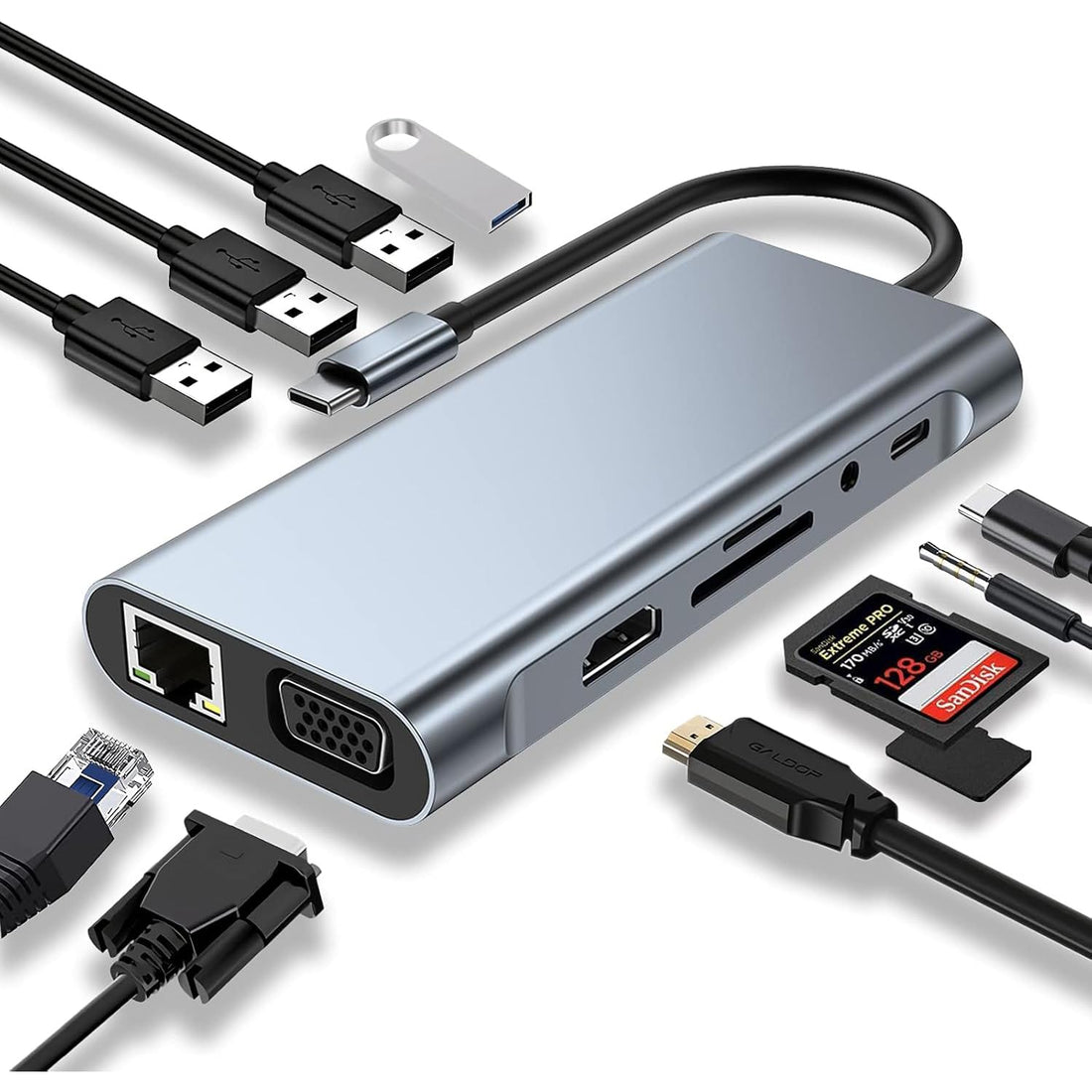 MAZE USB C HUB 11 in 1 with 4K HDMI, VGA, Type C PD, USB3.0, RJ45 Ethernet, SD/TF Card Reader, 3.5mm AUX