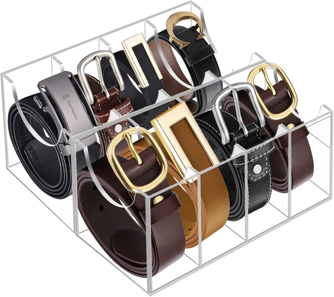 BEST MEDIA Clear Acrylic Belt Organizer with 8 Compartments, 4 mm Transparent Display Box for Closet Storage, 6 x 11 cm Holder for Ties, Watches, Jewelry and Accessories