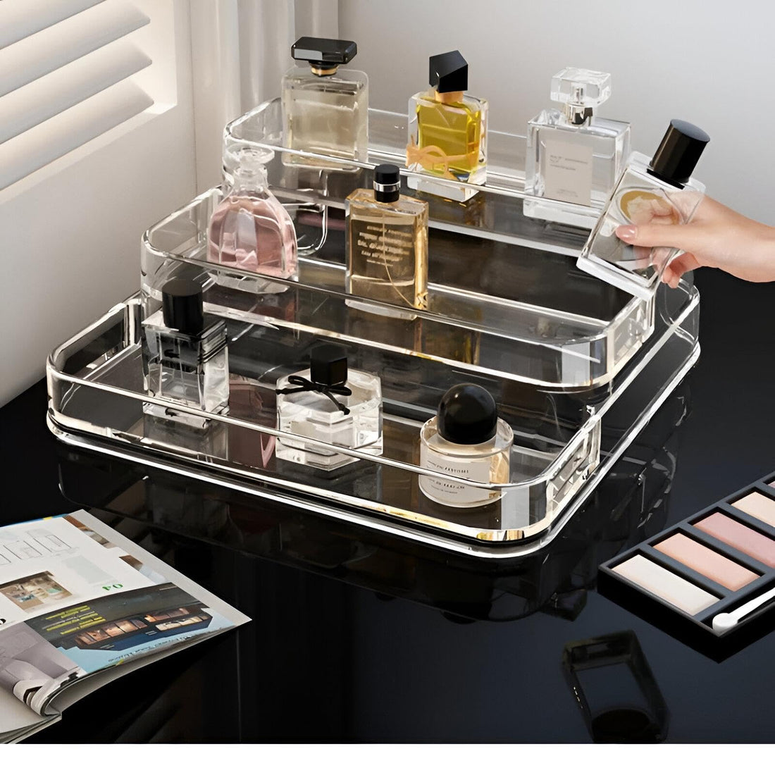 Acrylic Shelf - 3-Tier Clear Step Display Rack for Cosmetics, Perfumes, Spices, Bottles, and Kitchen Tools with Space-Saving Design