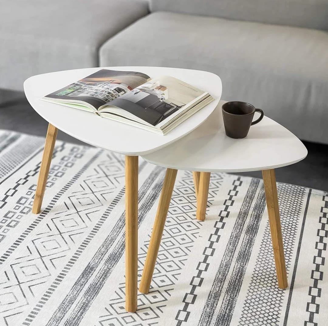 Modern Nesting Coffee Tables Set of 2 – Off-White Triangular Design with Natural Wood Legs – Stylish Side Tables for Living Room or Office