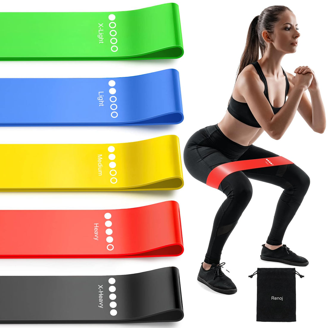 Resistance Bands set for women and men includes 5 stretch bands for booty, legs, pilates, and yoga workouts for effective strength training. 30.5x5.1cm.