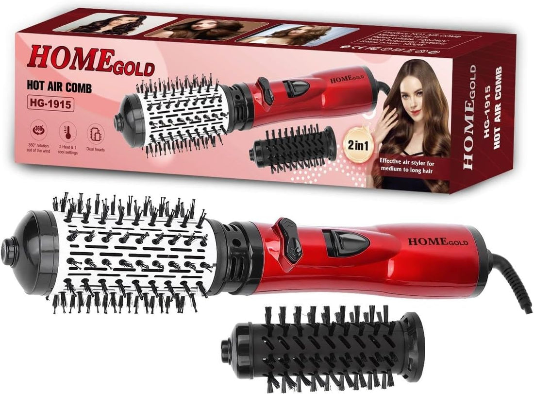 HG-1915 2-in-1 Rotating Blow Dryer and Hot Air Comb, Thermal Styling Brush with 2 Interchangeable Heads, 360° Rotation, Multiple Heat Settings