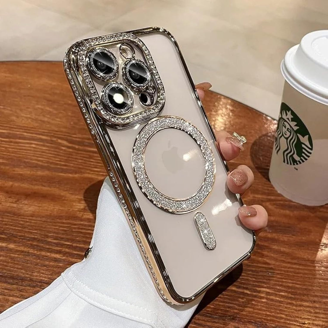 Fekra luxury Case for iPhone 13 |14 Case Compatible with Mag-Safe, Magnetic for Women, with Edge Diamond Case Cover, Transparent Case (Gold, iphone 13 |14)