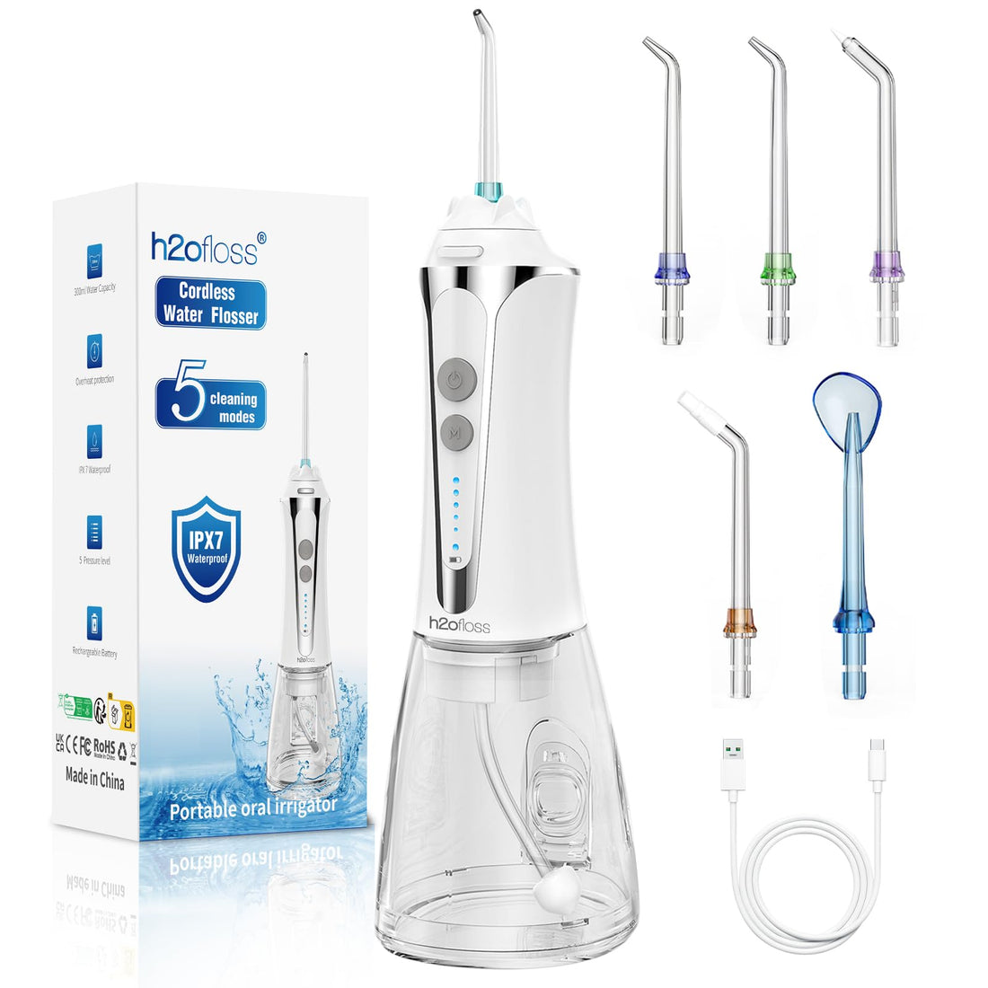 H2ofloss Portable Oral Irrigator, Dental Irrigator with 4 Nozzles 5 Modes 300 ml, USB Rechargeable IPX7 Waterproof Oral Irrigators, Family and Travel