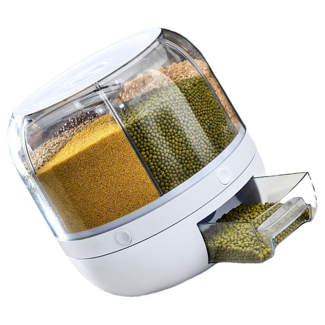 Snack Tower - 6-Compartment Rotating Dispenser for Rice, Cereal, Coffee Beans, and Dog Kibble with Quick-serve Button Technology Ideal for Organizing Dry Goods While Preserving Taste and Texture