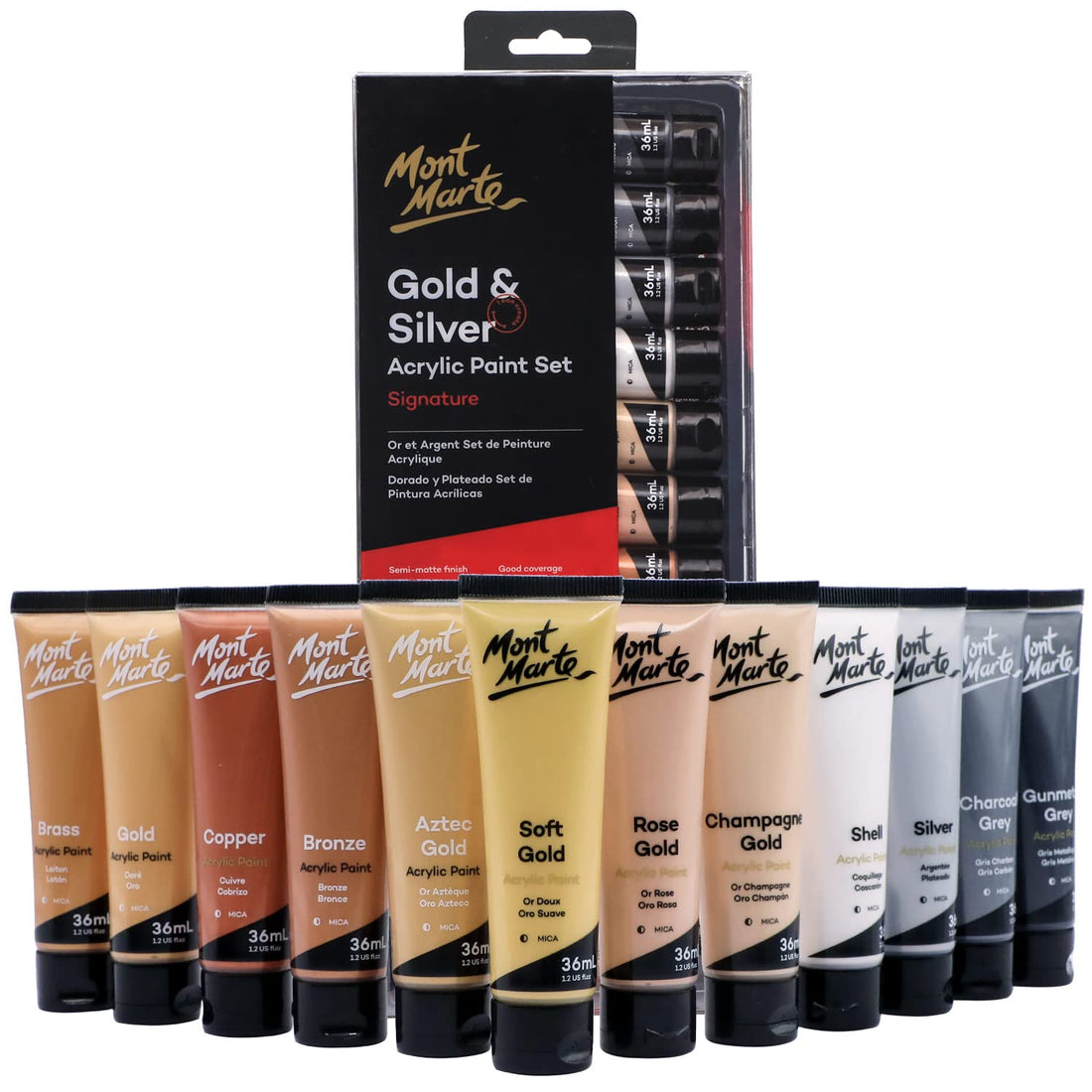 Mont Marte PMHS0096_V01 Signature Acrylic Paint Set of 12 Gold&Silver Shades 36ml Per Tube for Artists - Multi Color