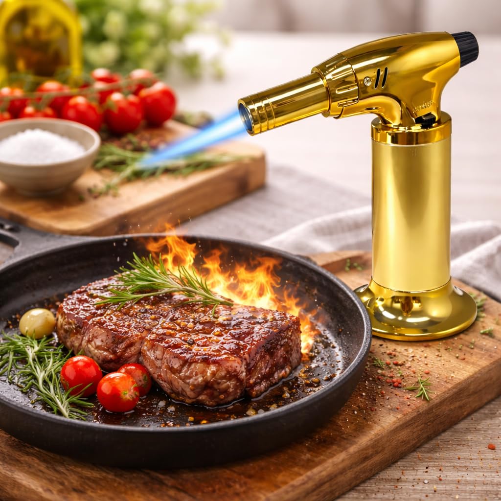 Professional Culinary Kitchen Blow Torch Gold Color Jet Flame Butane Lighter With Safety Lock Adjustable Flame Refillable Design For Cooking BBQ Dessert (Gas Not Included)