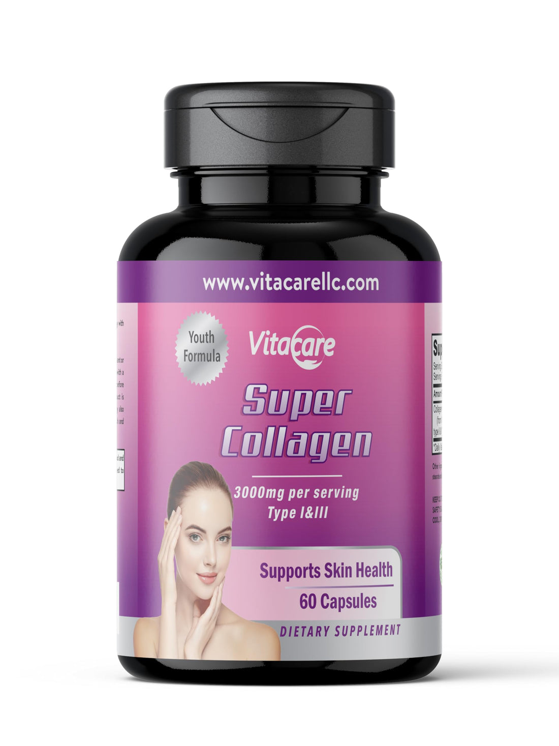 VitaCare Super Collagen, 3000mg per Serving Type I&III, Type B Gelatin and Hydrolyzed Collagen, Supports Skin Health, 60 Capsules, Made in USA