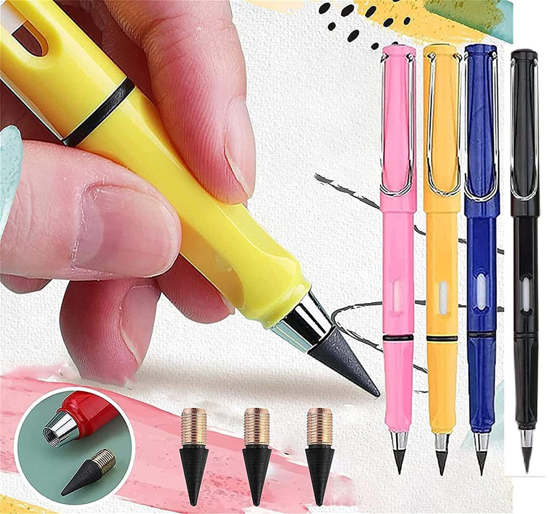 SWOPPLY 4PCS Inkless Pencil Reusable Everlasting Pencil Eraser Colorful Pencils Forever Metal Writing Pens Graphite Nib Triangle Golf Stationary Sketch Book Writing Drawing