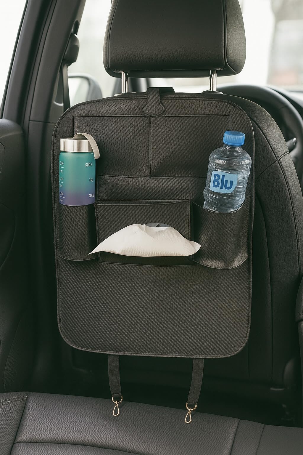 Backseat Car Organizer – Waterproof Seat Protector and Kick Mat with Cup Holders, Tissue Dispenser, and Storage Pockets – Universal Fit for Cars, SUVs, and Trucks (Black Carbon Fiber)