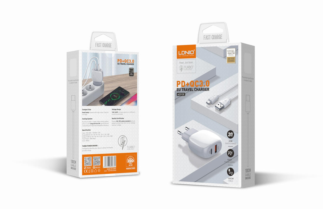LDNIO A2313C Mobile Phone Charger EU Plug With Cable From Type C To Lightning And USB Type C Ports 20W - White