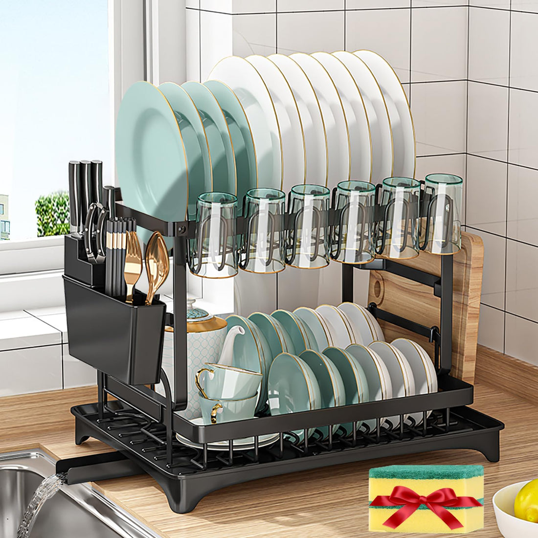 Dish Drying Rack,Dish Rack for Kitchen Counter,2 Tier Large Dish Drying Rack with Drainboard Stainless Steel Dish Drainer with Drainage Utensil Holder for Dish/Knifes/Cup/Cutting Board(14.6*11*12 IN)