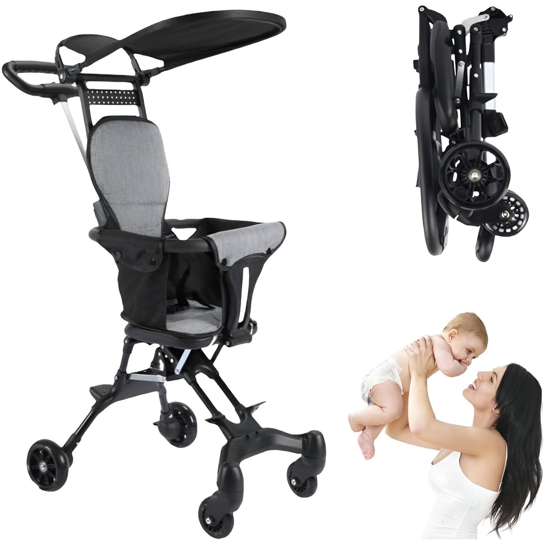 Compact stroller with adjustable canopy, swivel seat, four wheels, ideal for travel and daily use, black